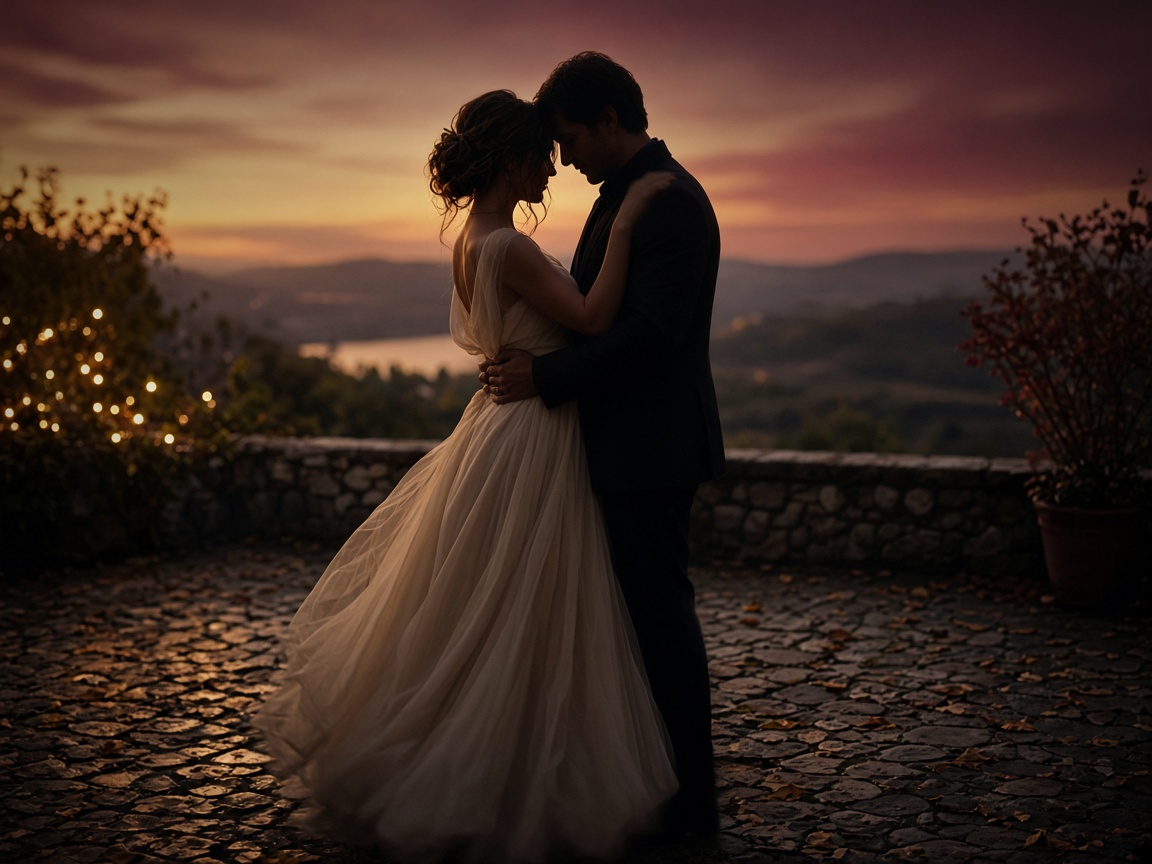 Los novios bailando al atardecer